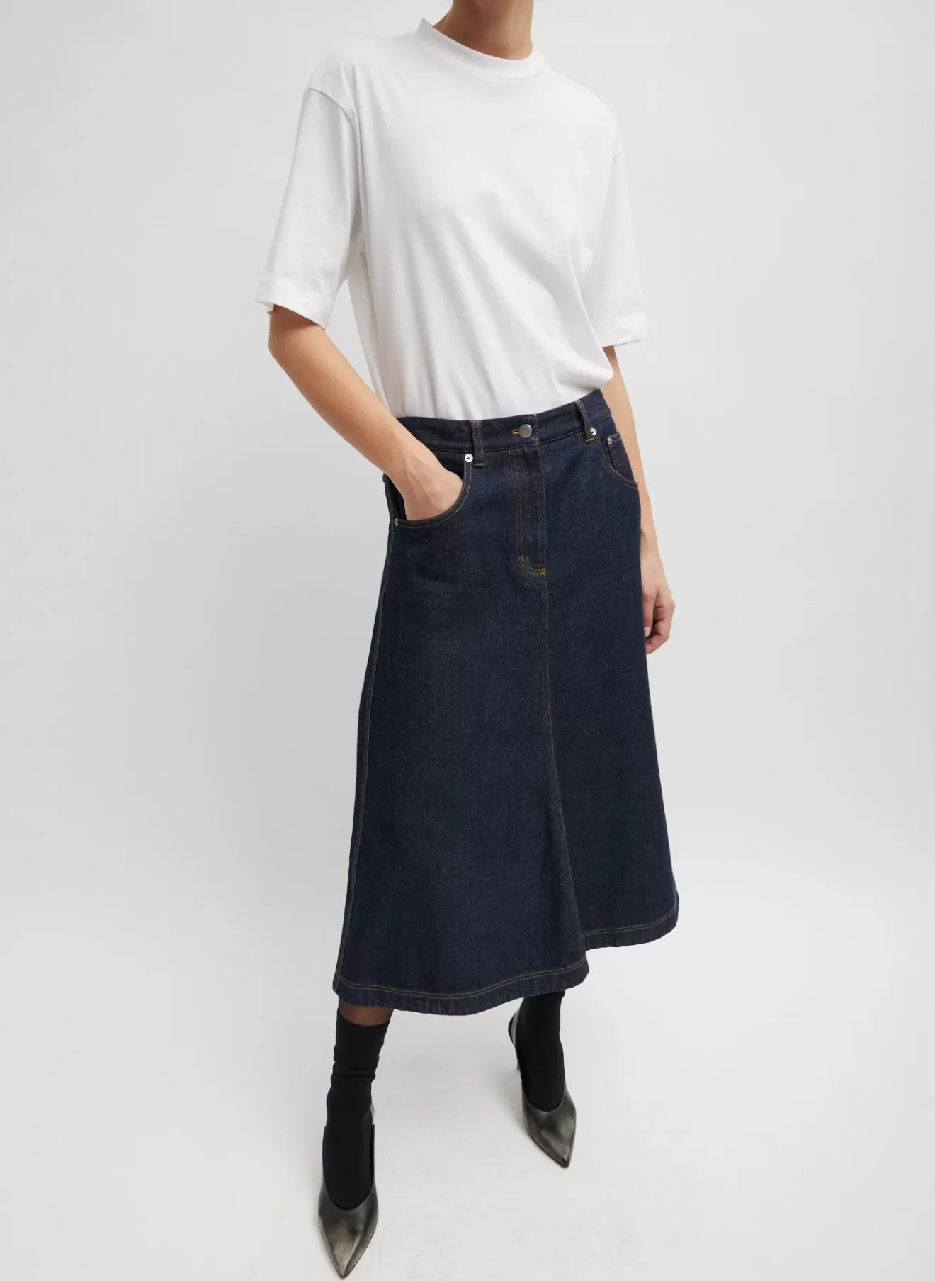 Hot Indigo Denim Midi A-Line Skirt Denim | Skirts